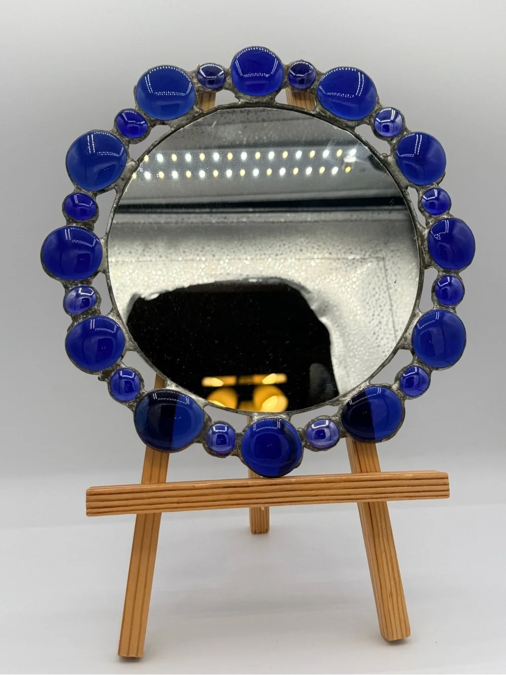 Stained glass Round Accent Mirror with Cobalt Blue Glass Cabochons